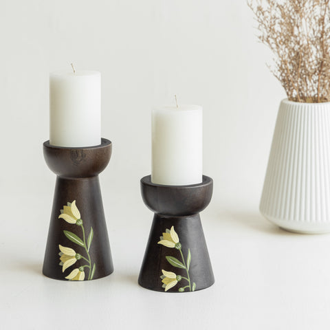 MIRRA Handpainted Wooden Candle Stand (Set of 2) without Candles