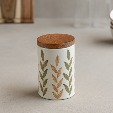 Floral Green Handpainted Ceramic Jar Large (750ml) with Wooden Lid
