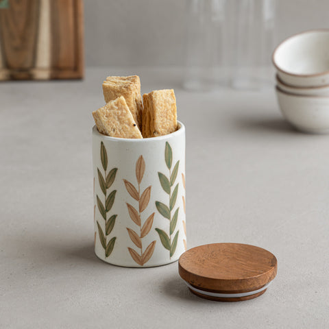 Floral Green Handpainted Ceramic Jar Large (750ml) with Wooden Lid