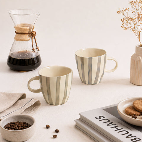 Grey Stripes Ceramic Tea/Coffee Cups (Set of 2)