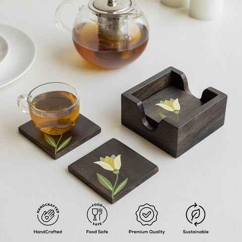 MIRRA Handpainted Wooden Coasters with Stand (Set of 4)