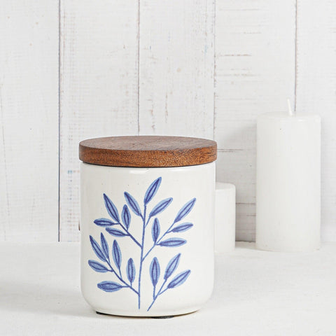 Botanica Blue Handpainted Ceramic Jar Small (500ml) with Wooden Lid - Aurum Crafts