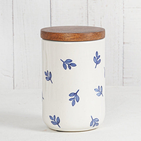 Botanica Blue Handpainted Ceramic Jar Large (750ml) with Wooden Lid - Aurum Crafts