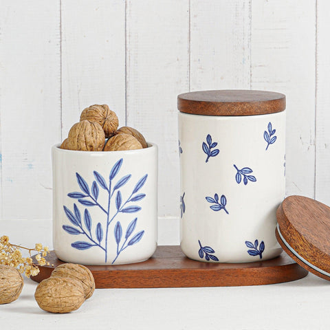 Botanica Blue Handpainted Ceramic Jars(Set of 2) with Wooden Lid and Wooden Tray | Multi Utility Storage Jars - Aurum Crafts