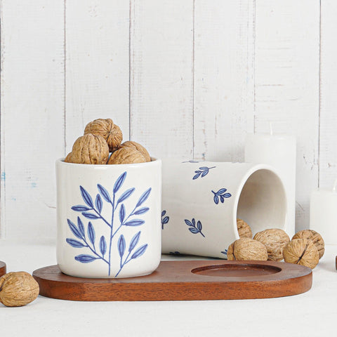 Botanica Blue Handpainted Ceramic Jars(Set of 2) with Wooden Lid and Wooden Tray | Multi Utility Storage Jars - Aurum Crafts