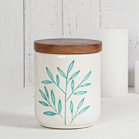 Botanica Green Handpainted Ceramic Jar Small (500ml) with Wooden Lid - Aurum Crafts