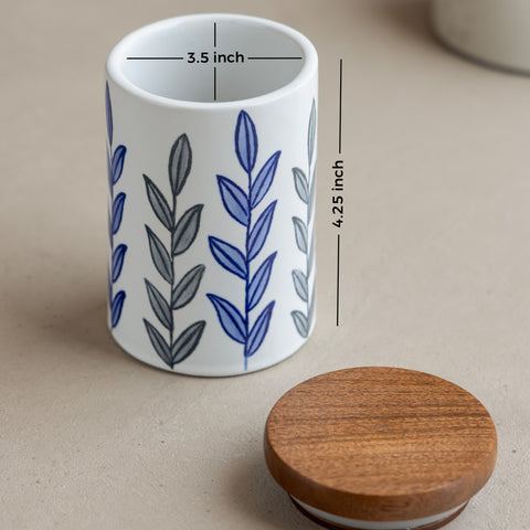 Floral Blue Handpainted Ceramic Jar Large (750ml) with Wooden Lid