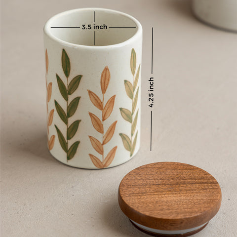 Floral Green Handpainted Ceramic Jar Large (750ml) with Wooden Lid