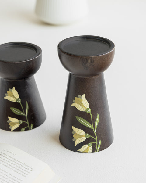MIRRA Handpainted Wooden Candle Stand (Set of 2) without Candles