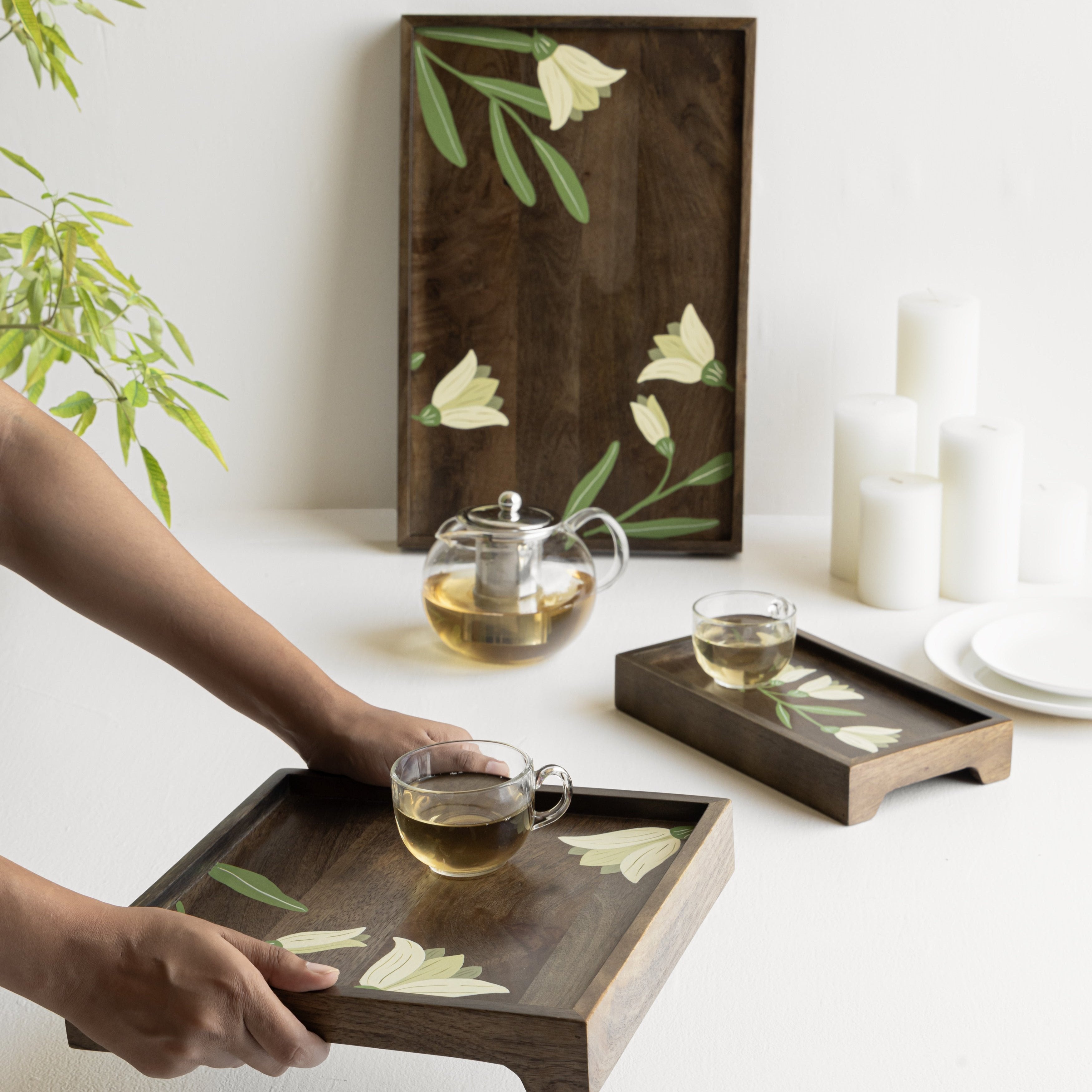 Aurum Crafts | Premium Handpainted Wooden Serving Tray (Set of 3)