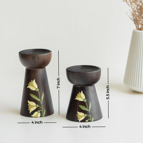 MIRRA Handpainted Wooden Candle Stand (Set of 2) without Candles