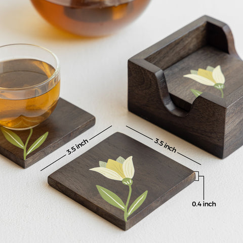 MIRRA Handpainted Wooden Coasters with Stand (Set of 4)