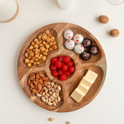 Round Acacia Wood Snack Serving Platter cum Tray - Aurum Crafts