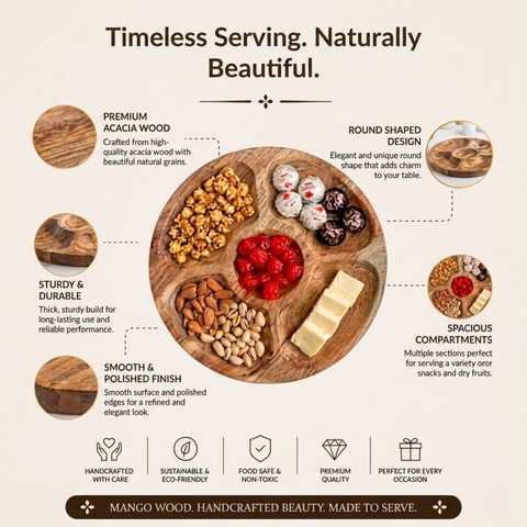 Round Acacia Wood Snack Serving Platter cum Tray