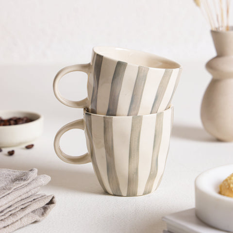 Grey Stripes Ceramic Tea/Coffee Cups (Set of 2)