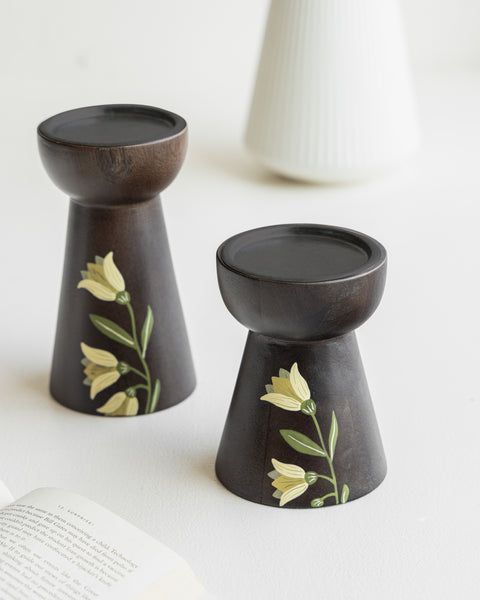 MIRRA Handpainted Wooden Candle Stand (Set of 2) without Candles